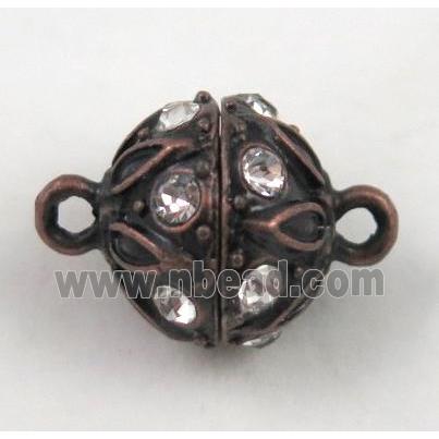 Magnetic alloy connector clasp paved rhinestone, antique red copper