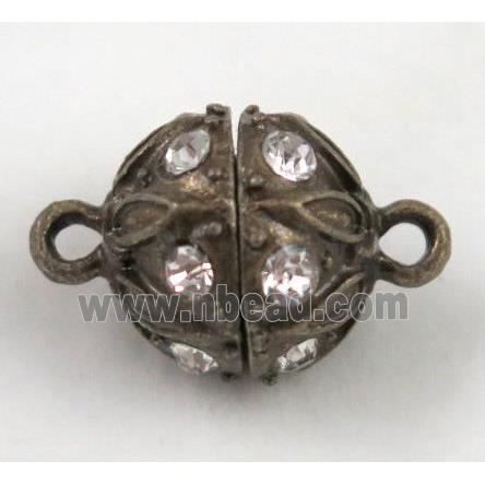 Magnetic alloy connector clasp paved rhinestone, antique bronze