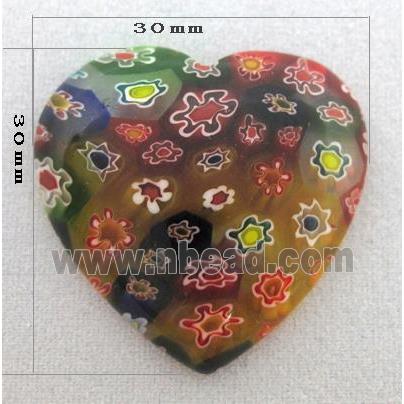 Murano Millefiori Glass Cabochon, heart, multi-flower, flat-back