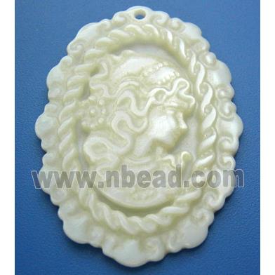 Mother of Pearl pendant, oval, carved beauty, white