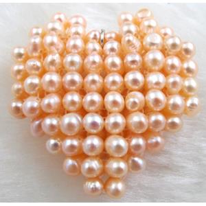 freshwater pearl pendant, cluster, heart, handcraft, pink