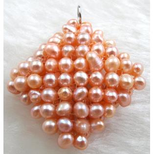 freshwater pearl pendant, cluster, square, handcraft, pink