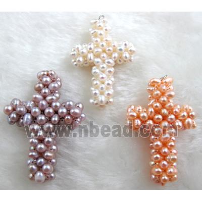 freshwater pearl pendant, cluster, cross, handcraft, mixed color
