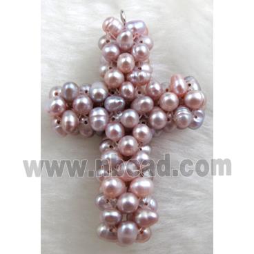 freshwater pearl pendant, cluster, cross, handcraft, purple