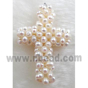 freshwater pearl pendant, cluster, cross, handcraft, mixed color