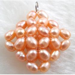freshwater pearl pendant, cluster, square, handcraft, pink