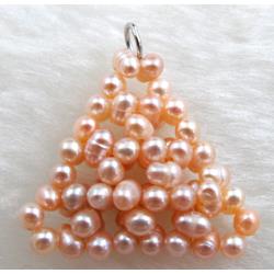 freshwater pearl pendant, cluster, triangle, handcraft, pink