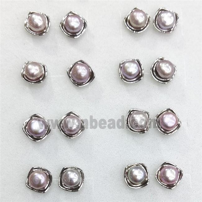 925 Sterling Silver Natural Pearl Stud Earring Flower Antique Silver
