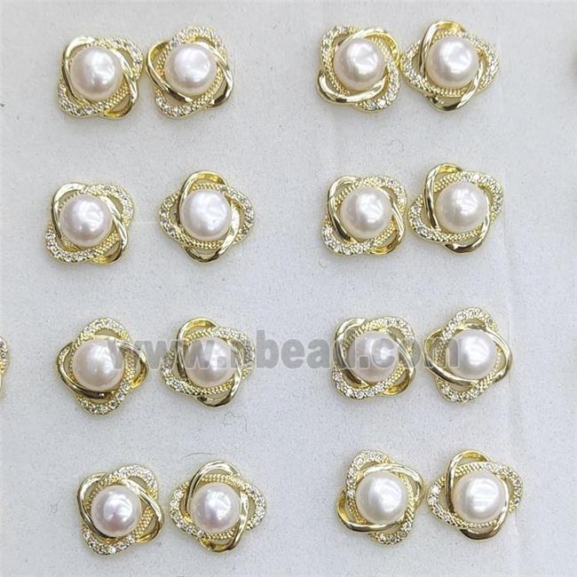 Natural White Pearl Copper Stud Earring Flower Gold Plated