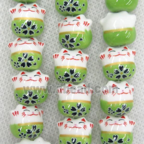 green Oriental Porcelain beads, fortune cat