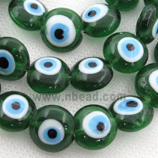 handmade green Lampwork Glass coin Beads with evil eye