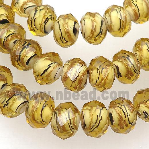 gold Lampwork glass beads, faceted rondelle