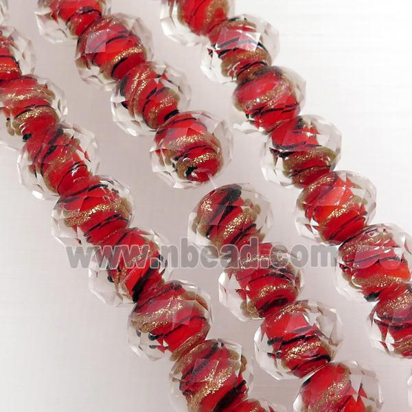red Lampwork glass beads, faceted rondelle