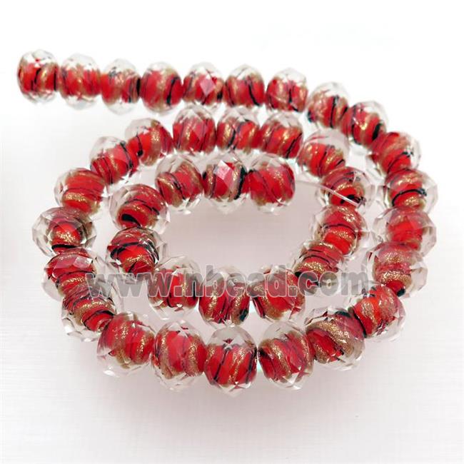 red Lampwork glass beads, faceted rondelle