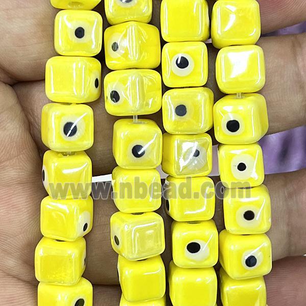 yellow Porcelain cube beads, evil eye, electroplated