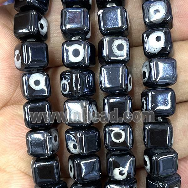 black Porcelain cube beads, evil eye, electroplated
