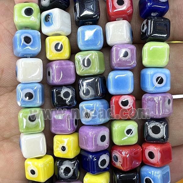 Porcelain cube beads, evil eye, mixed, electroplated