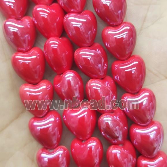 red Porcelain heart beads, electroplated