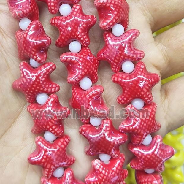 red Porcelain Starfish Beads, electroplated