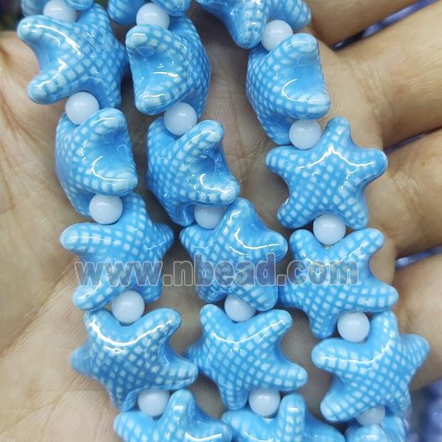 blue Porcelain Starfish Beads, electroplated