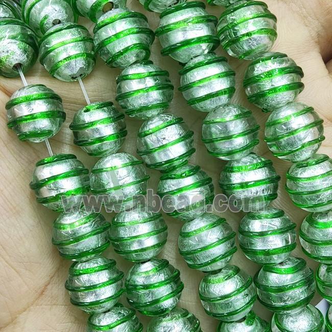 Larmwork Glass Beads With Silver Foil Round Green Line