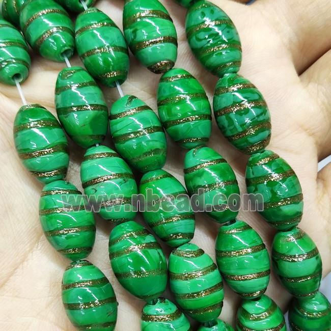 Green Lampwork Glass Rice Beads Gold Foil