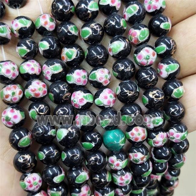 Porcelain Beads Multicolor Black Smooth Round