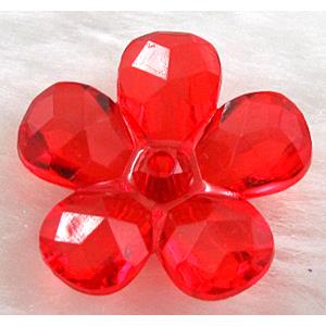 Acrylic flower beads, transparent, faceted, red