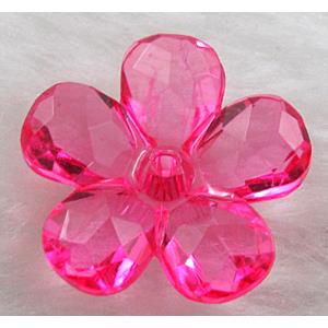 Acrylic flower beads, transparent, faceted, hot pink