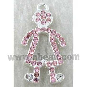 Alloy pendants paved Pink rhinestone, silver plated