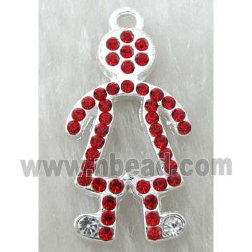 Alloy pendants paved red rhinestone, silver plated