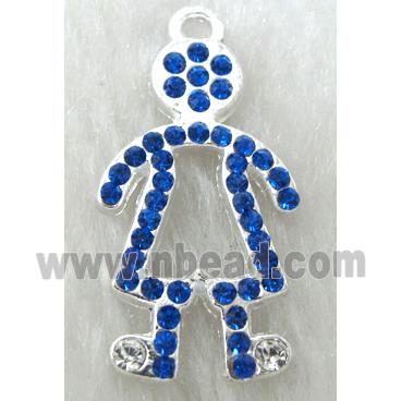 Alloy pendants paved blue rhinestone, silver plated