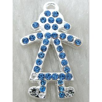 Alloy pendants paved blue rhinestone, silver plated