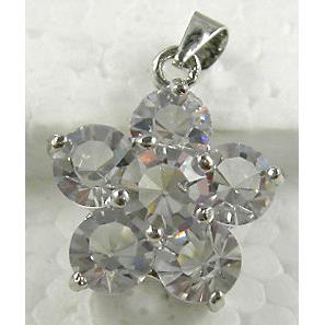 clear Mideast rhinestone flower pendant, copper, platinum plated