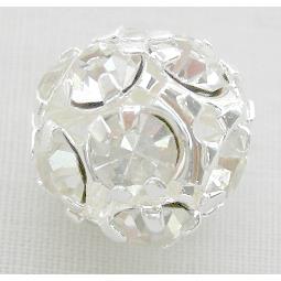 White Middle East Rhinestone Beads, round, silver plated