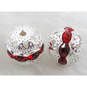 Rhinestone, copper round bead, silver plated, red