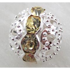 Rhinestone, copper round bead, silver plated