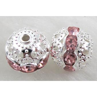 Rhinestone, copper round bead, silver plated, pink