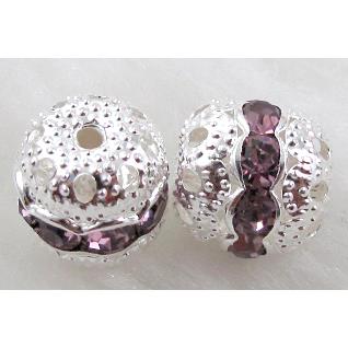 Rhinestone, copper round bead, silver plated, lavender