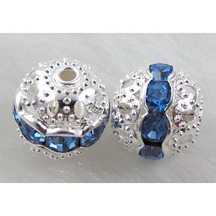 Rhinestone, copper round bead, silver plated, blue