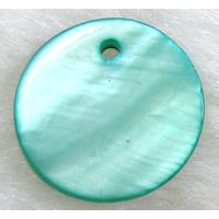 freshwater shell pendant, flat-round, peacock-blue