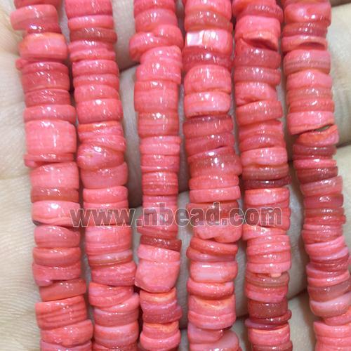 Shell heishi beads, red dye