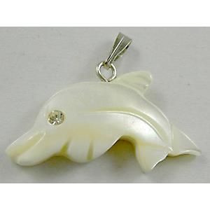 Mother of Pearl pendant, carved, dolphin, white