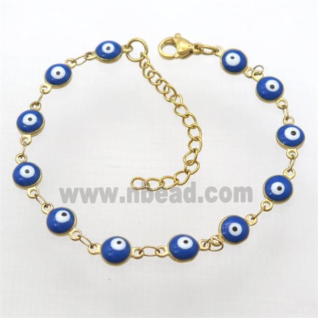 stainless steel bracelet with blue evil eye, resizable, gold plated