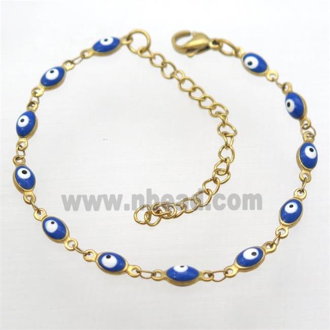 stainless steel bracelet with blue evil eye, Adjustable, gold plated