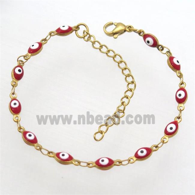 stainless steel bracelet with red evil eye, resizable, gold plated
