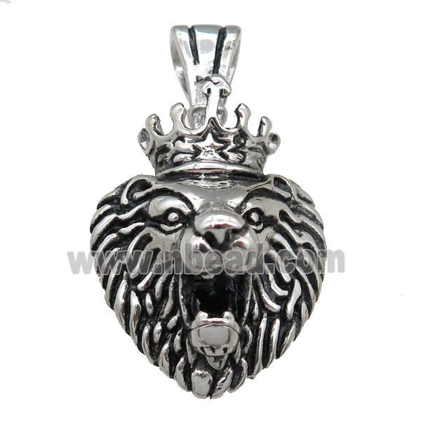 Stainless Steel Lionhead Charm, Pendant, crown, Antique Silver