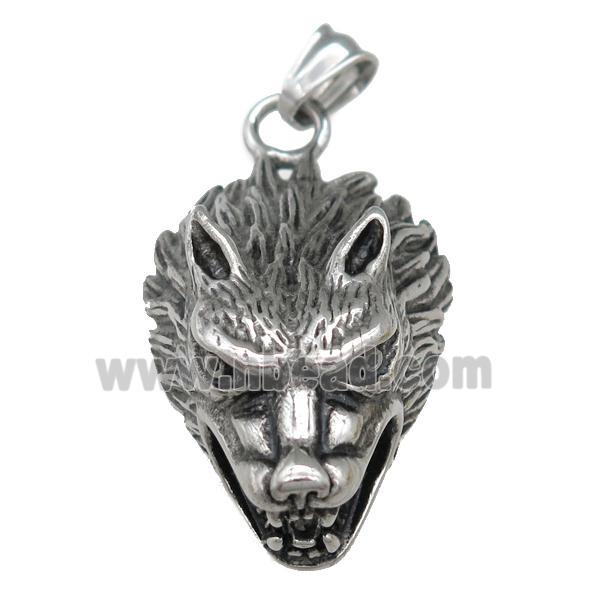 Stainless Steel Wolfhead Pendant, Antique Silver