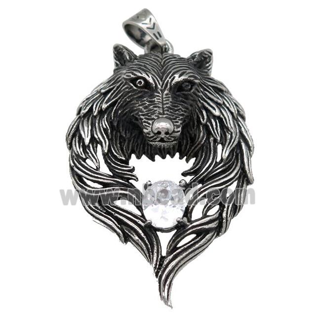 stainless steel wolf pendant, antique silver