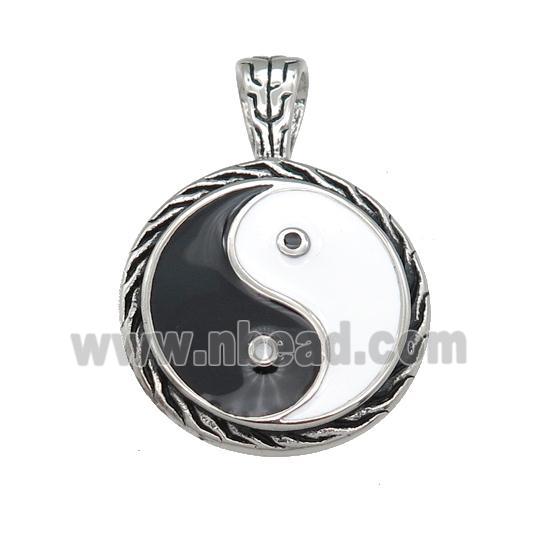 Stainless Steel Taichi Pendant Enamel YinYang Antique Silver